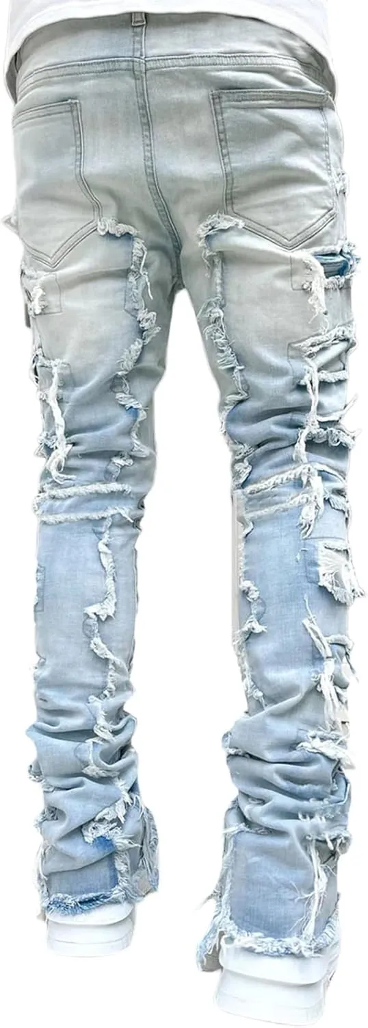 Men Stacked Jeans Distressed Destroyed Straight Denim Pants Fitted Solid Ripped Jeans Harajuku Cargo Trousers
