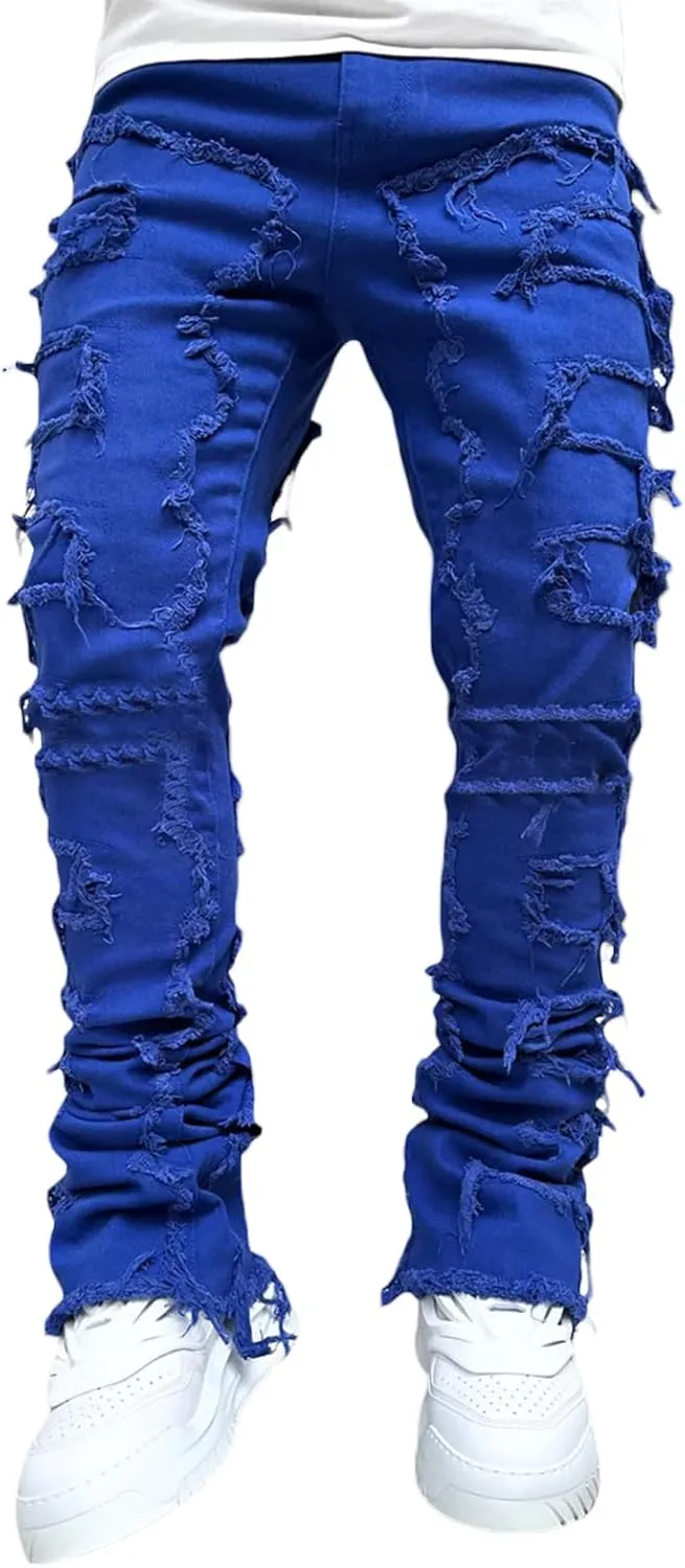 Men Stacked Jeans Distressed Destroyed Straight Denim Pants Fitted Solid Ripped Jeans Harajuku Cargo Trousers