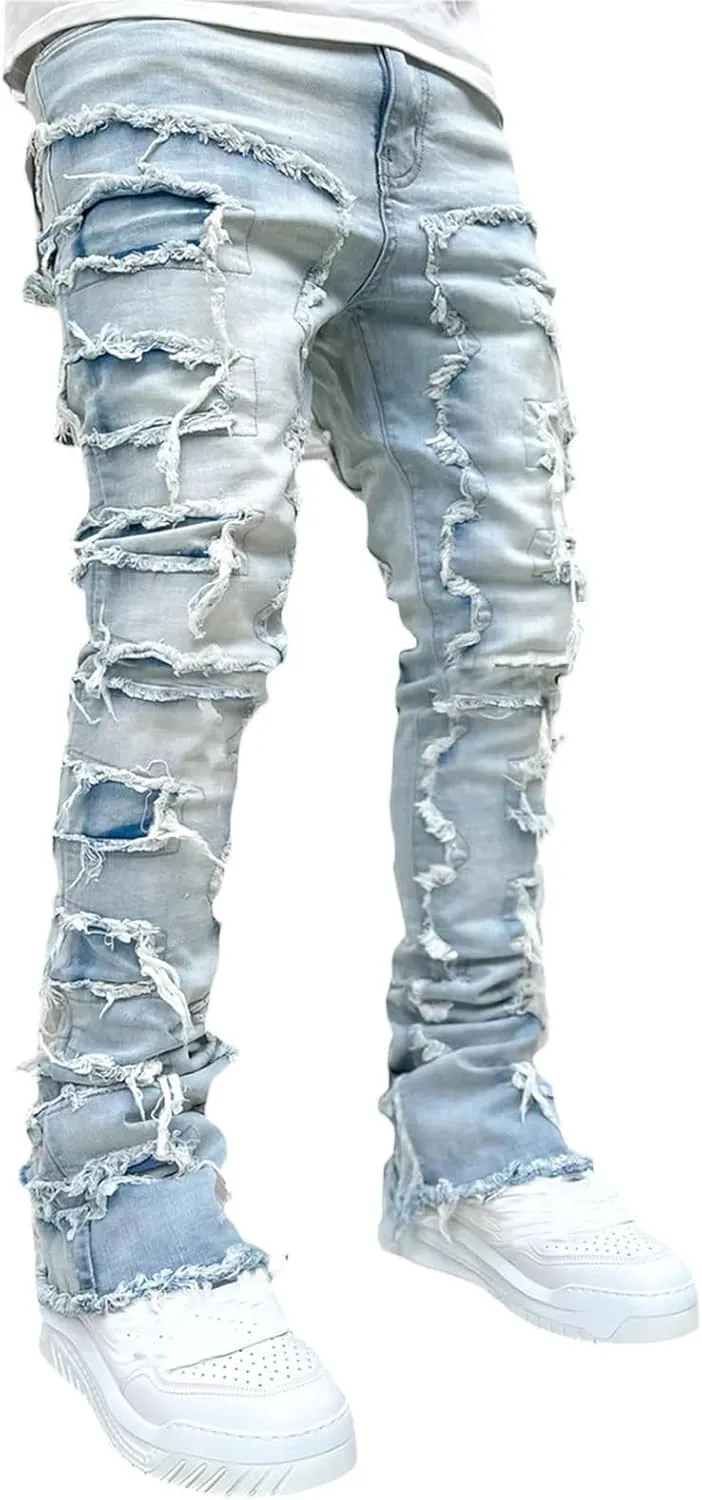 Men Stacked Jeans Distressed Destroyed Straight Denim Pants Fitted Solid Ripped Jeans Harajuku Cargo Trousers