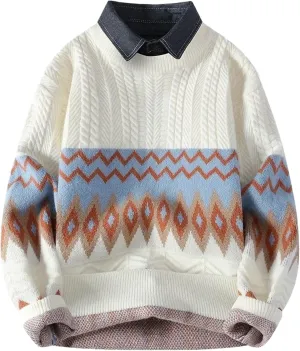 Men Winter Fake Two Pieces Thick Sweater Men Youth Sweaters Autumn Men's Wool Casual Knitwear Pullover