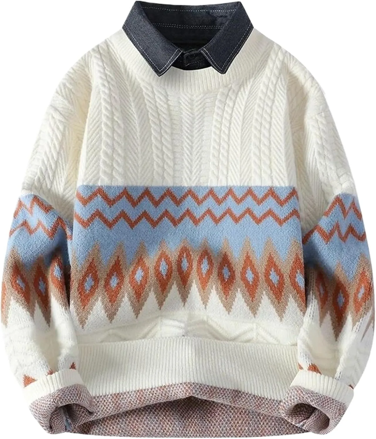 Men Winter Fake Two Pieces Thick Sweater Men Youth Sweaters Autumn Men's Wool Casual Knitwear Pullover