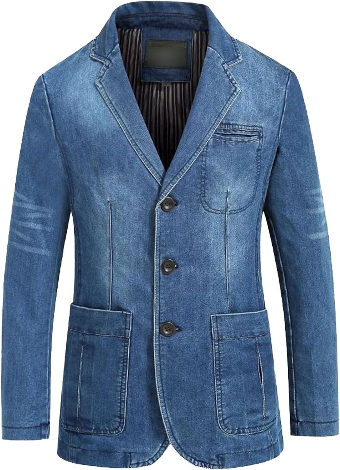 Men's 3 Buttons Denim Blazer Classic Notched Collar Jean Suit Jacket Distressed Casual Denim Jacket with Pockets