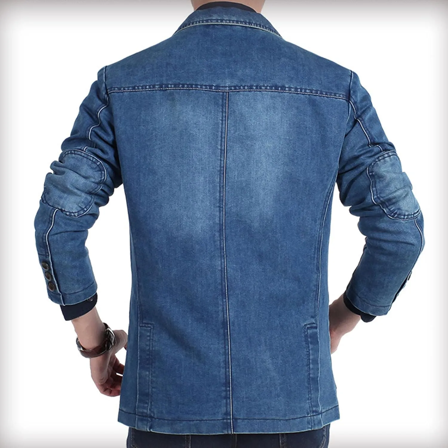Men's 3 Buttons Denim Blazer Classic Notched Collar Jean Suit Jacket Distressed Casual Denim Jacket with Pockets