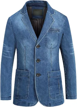 Men's 3 Buttons Denim Blazer Classic Notched Collar Jean Suit Jacket Distressed Casual Denim Jacket with Pockets
