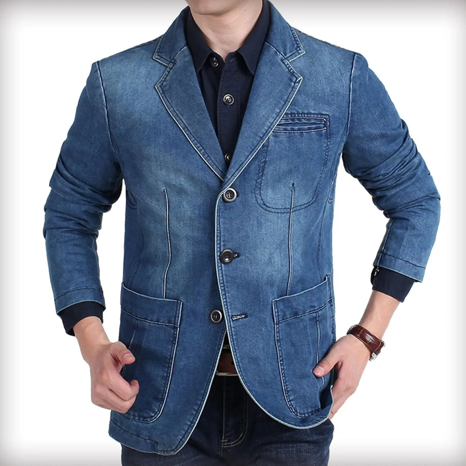 Men's 3 Buttons Denim Blazer Classic Notched Collar Jean Suit Jacket Distressed Casual Denim Jacket with Pockets