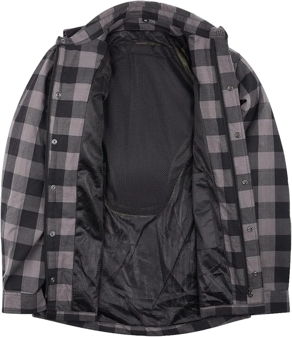 Mens Armored Checkered Flannel Biker Shirt, Multiple Waterproof Storage Pockets CE Approved Armor Reinforced Water Resistant