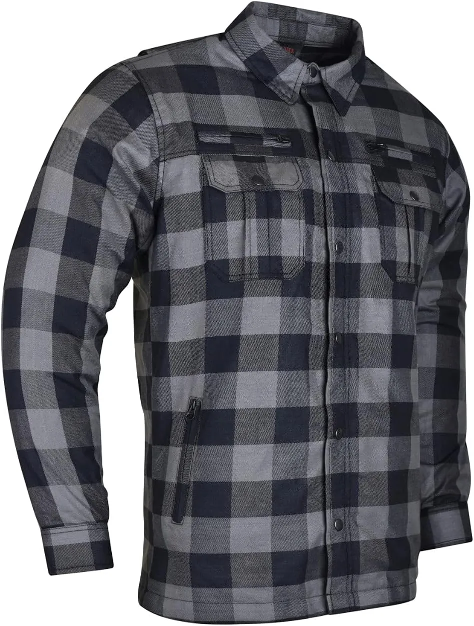 Mens Armored Checkered Flannel Biker Shirt, Multiple Waterproof Storage Pockets CE Approved Armor Reinforced Water Resistant