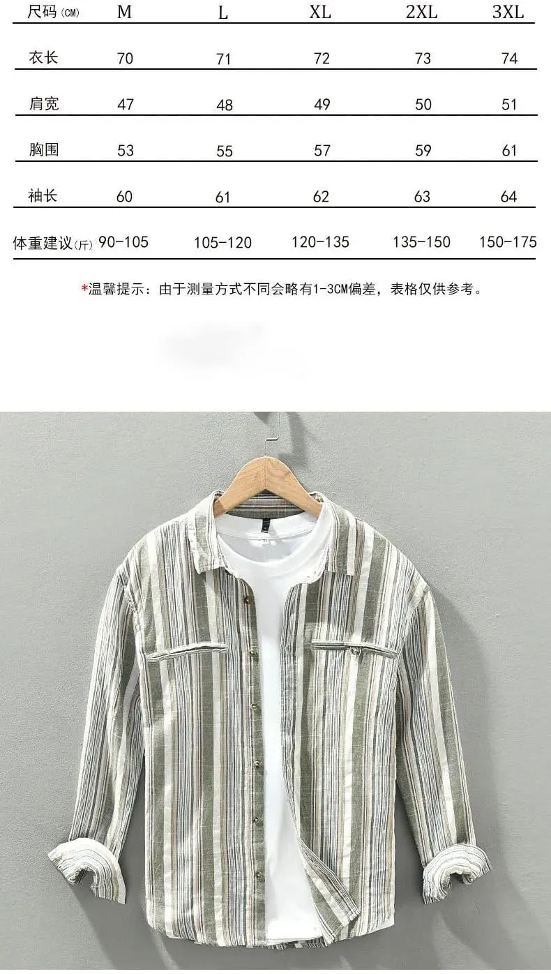 Men's Autumn Popular Striped Long Sleeved Shirt Cotton Linen Breathable Shirt