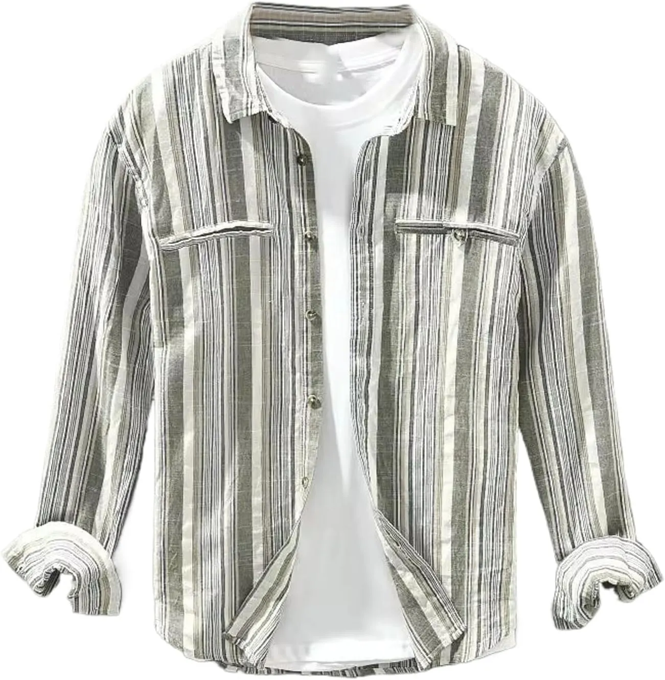 Men's Autumn Popular Striped Long Sleeved Shirt Cotton Linen Breathable Shirt