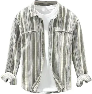 Men's Autumn Popular Striped Long Sleeved Shirt Cotton Linen Breathable Shirt