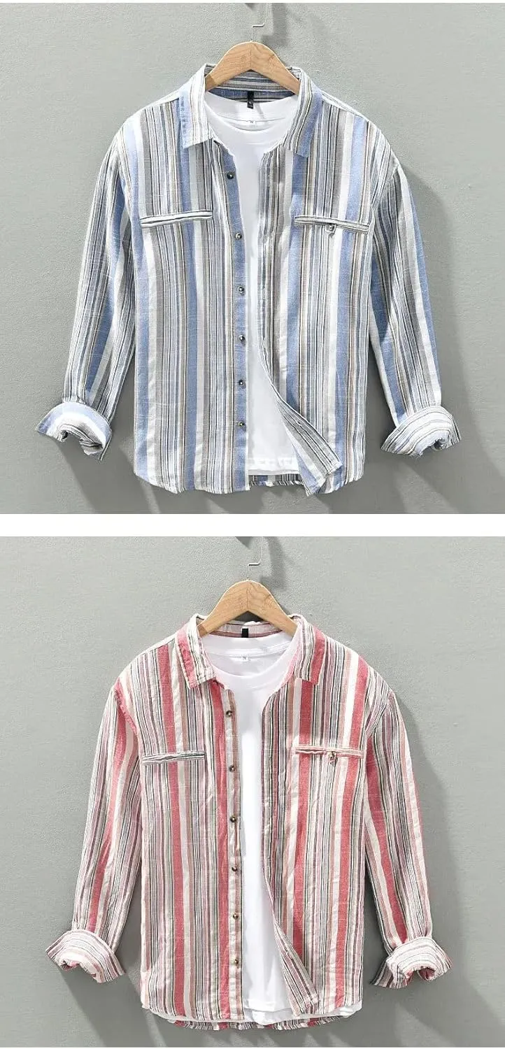 Men's Autumn Popular Striped Long Sleeved Shirt Cotton Linen Breathable Shirt