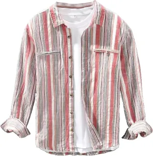 Men's Autumn Popular Striped Long Sleeved Shirt Cotton Linen Breathable Shirt