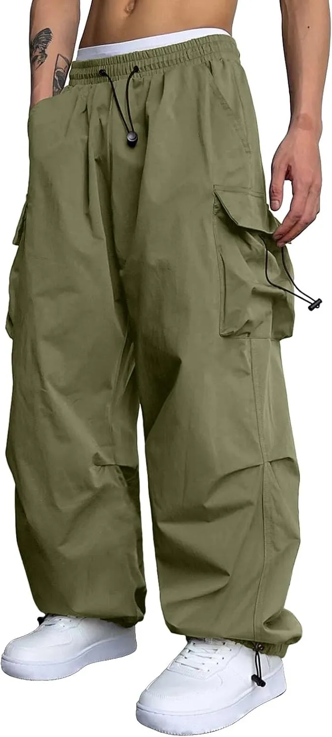 Mens Baggy Cargo Pants, Trendy Casual Sports Parachute Pant, Loose Fit Harem Joggers with Pockets for Streetwear