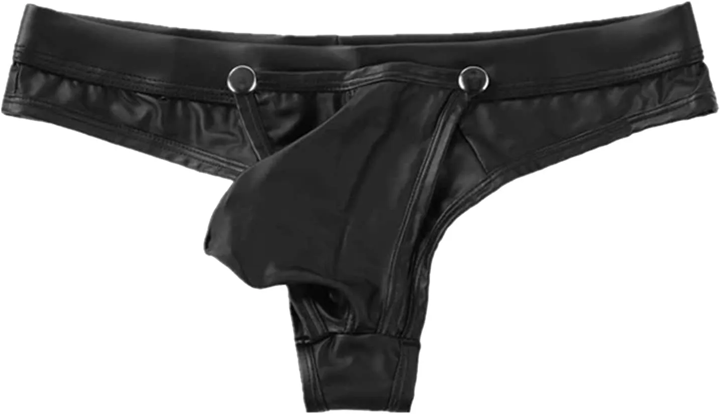 Men's Black Soft Leather Bikini G-String Thong Lingerie with Buckle Pouch Backless Pouch Sissy Gay Jockstrap Thongs