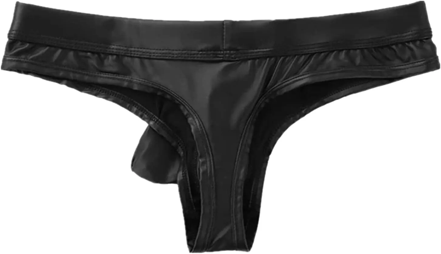 Men's Black Soft Leather Bikini G-String Thong Lingerie with Buckle Pouch Backless Pouch Sissy Gay Jockstrap Thongs