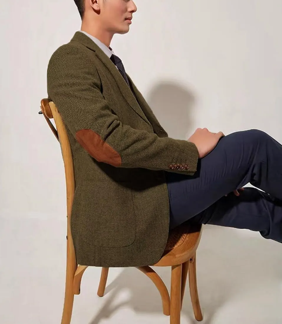 Mens Blazer Vintage Herringbone Tweed Jackets Two Button Sport Coat with Pocket Square with Elbow Patches