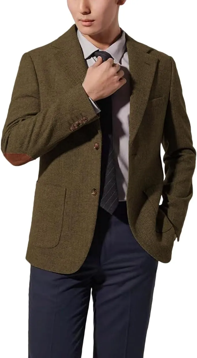 Mens Blazer Vintage Herringbone Tweed Jackets Two Button Sport Coat with Pocket Square with Elbow Patches