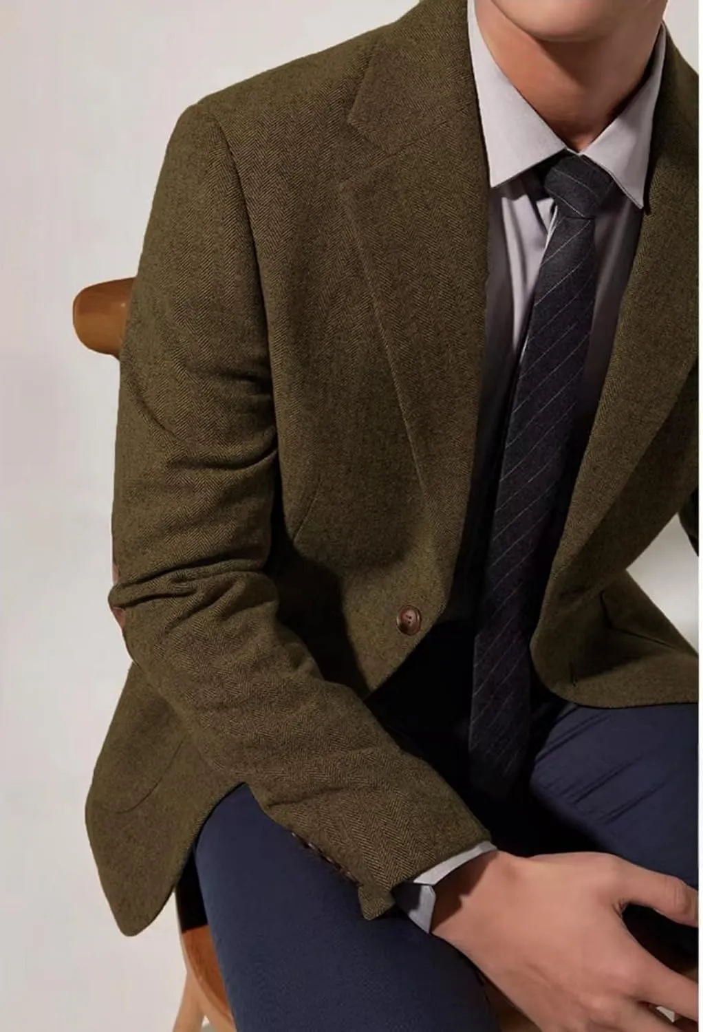 Mens Blazer Vintage Herringbone Tweed Jackets Two Button Sport Coat with Pocket Square with Elbow Patches
