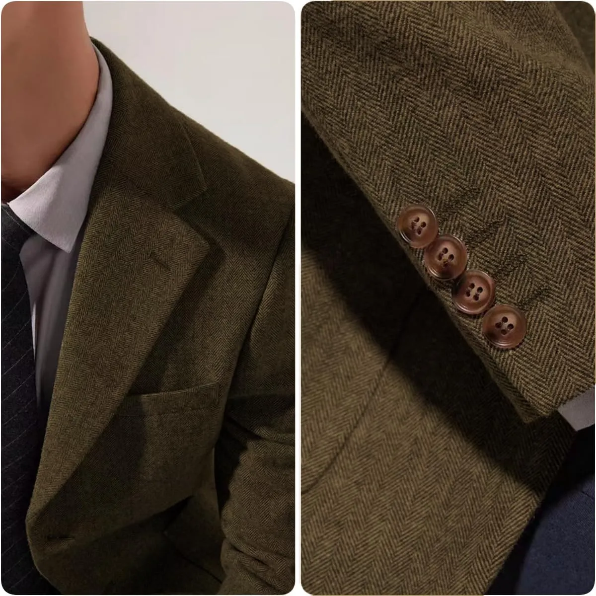 Mens Blazer Vintage Herringbone Tweed Jackets Two Button Sport Coat with Pocket Square with Elbow Patches