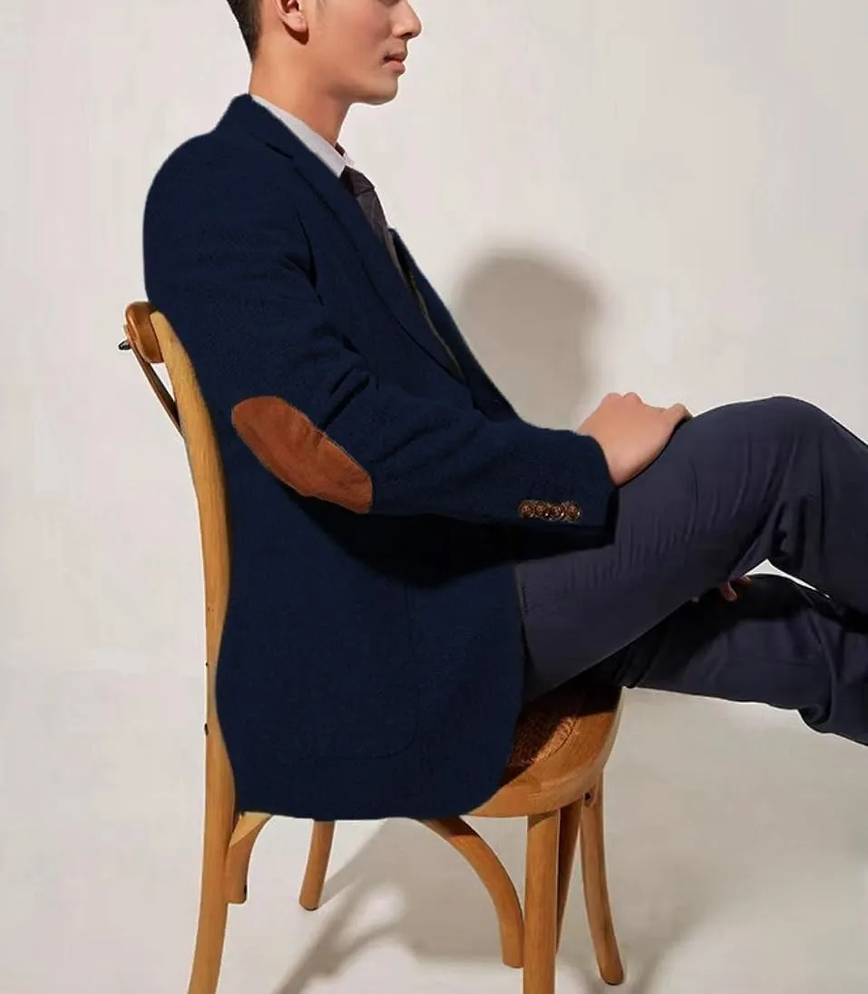 Mens Blazer Vintage Herringbone Tweed Jackets Two Button Sport Coat with Pocket Square with Elbow Patches