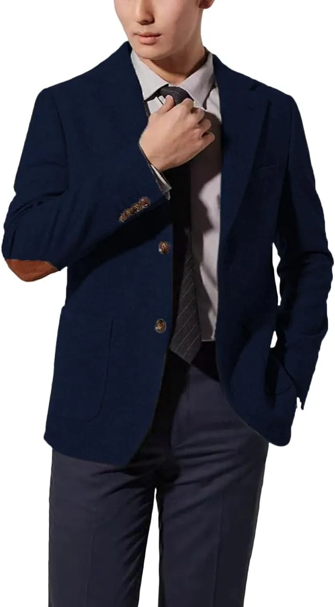 Mens Blazer Vintage Herringbone Tweed Jackets Two Button Sport Coat with Pocket Square with Elbow Patches