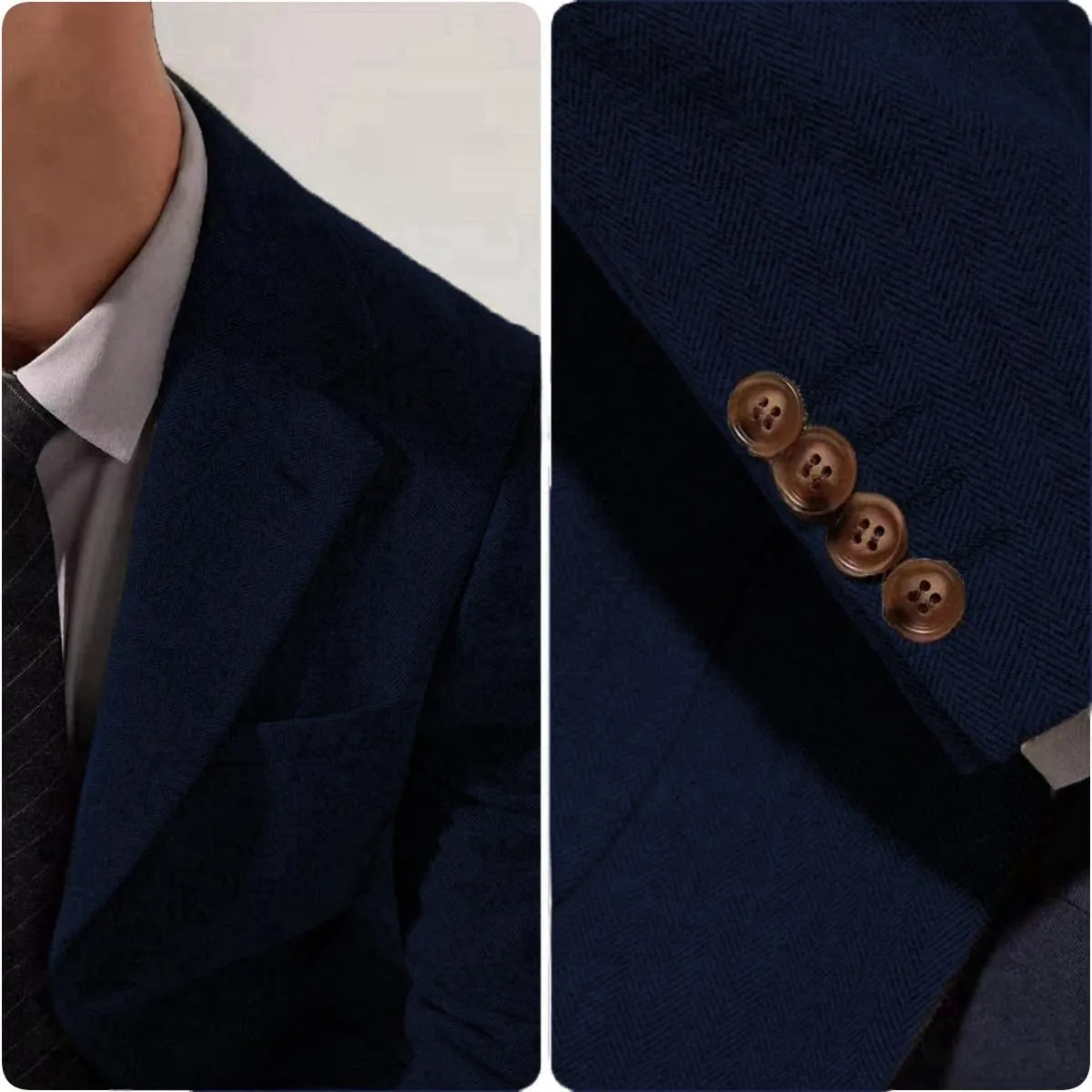 Mens Blazer Vintage Herringbone Tweed Jackets Two Button Sport Coat with Pocket Square with Elbow Patches