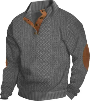 Mens Button Vintage Sweatshirt Corduroy Long Sleeve Stand Collar Loose Fit Pullover Solid Color Classic Sweater