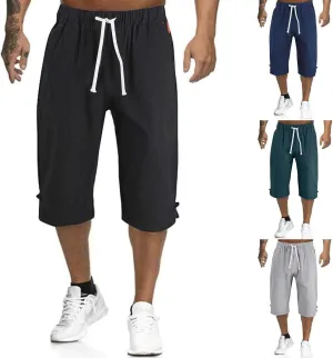 Mens Cargo Capris Pants Men's 3/4 Length Trousers Joggers Cotton Linen Cropped Sweatpants Drawstring Leggings