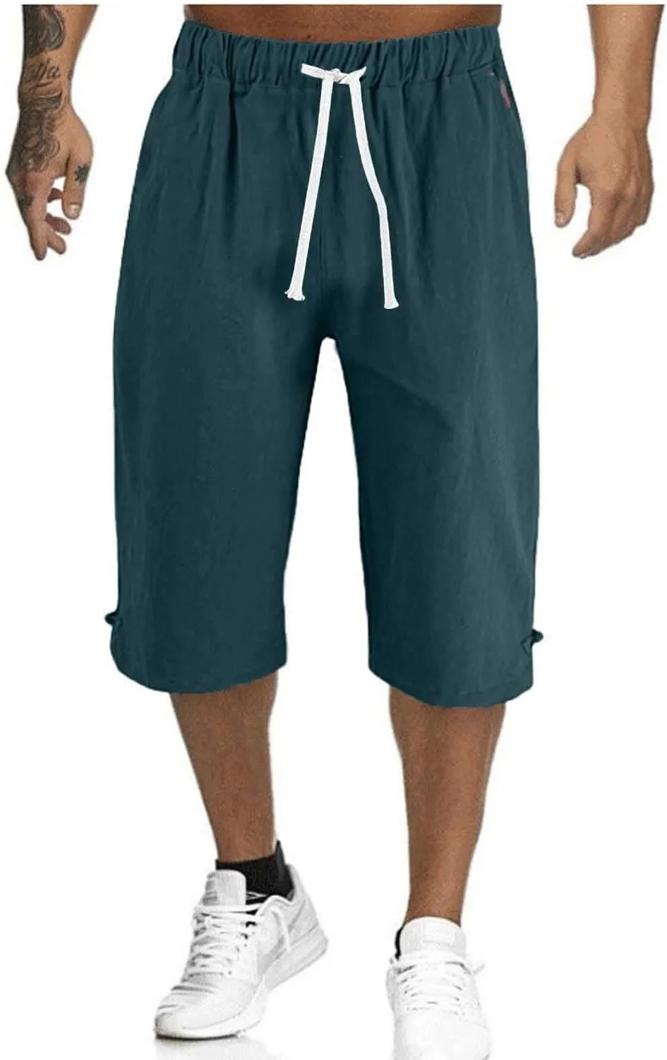 Mens Cargo Capris Pants Men's 3/4 Length Trousers Joggers Cotton Linen Cropped Sweatpants Drawstring Leggings