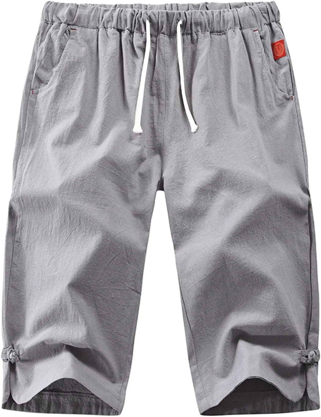 Mens Cargo Capris Pants Men's 3/4 Length Trousers Joggers Cotton Linen Cropped Sweatpants Drawstring Leggings
