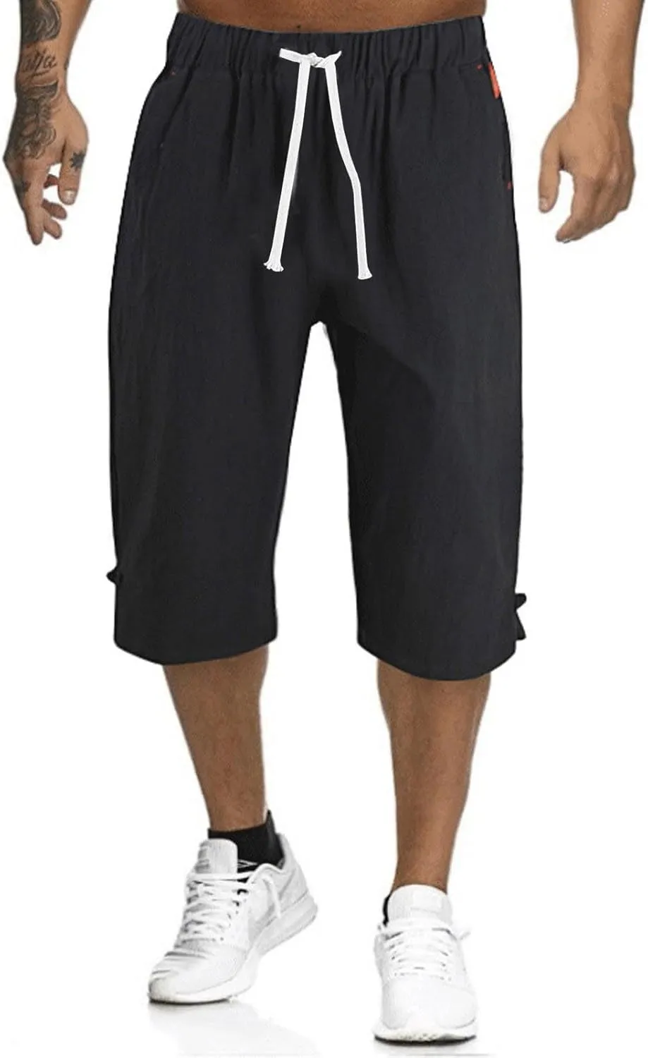 Mens Cargo Capris Pants Men's 3/4 Length Trousers Joggers Cotton Linen Cropped Sweatpants Drawstring Leggings