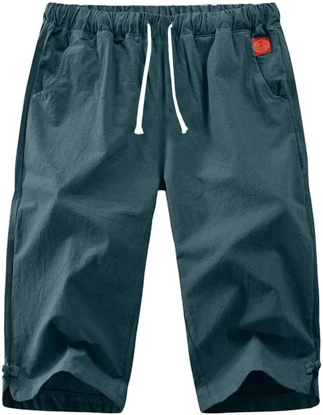 Mens Cargo Capris Pants Men's 3/4 Length Trousers Joggers Cotton Linen Cropped Sweatpants Drawstring Leggings