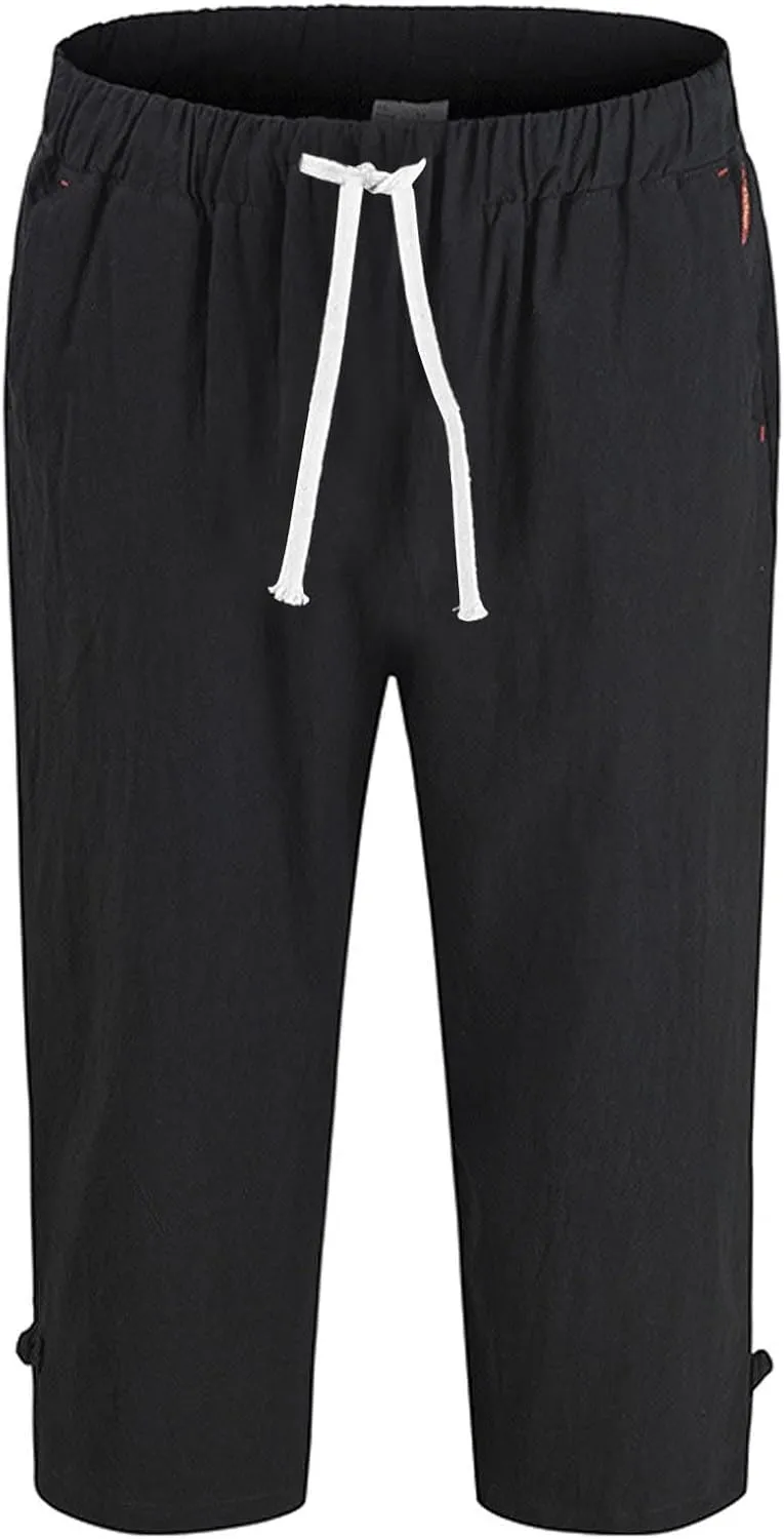 Mens Cargo Capris Pants Men's 3/4 Length Trousers Joggers Cotton Linen Cropped Sweatpants Drawstring Leggings