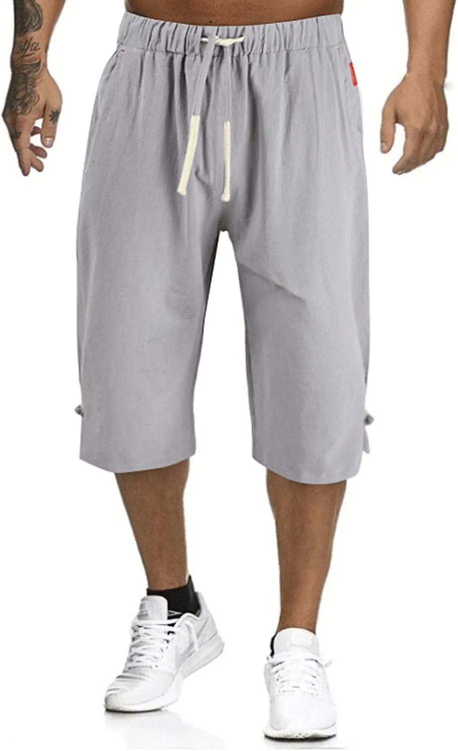 Mens Cargo Capris Pants Men's 3/4 Length Trousers Joggers Cotton Linen Cropped Sweatpants Drawstring Leggings