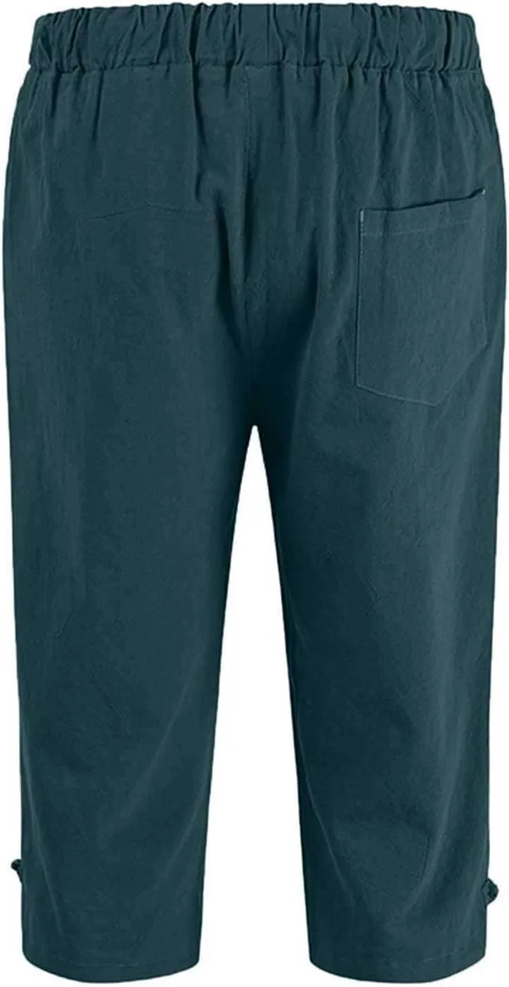 Mens Cargo Capris Pants Men's 3/4 Length Trousers Joggers Cotton Linen Cropped Sweatpants Drawstring Leggings