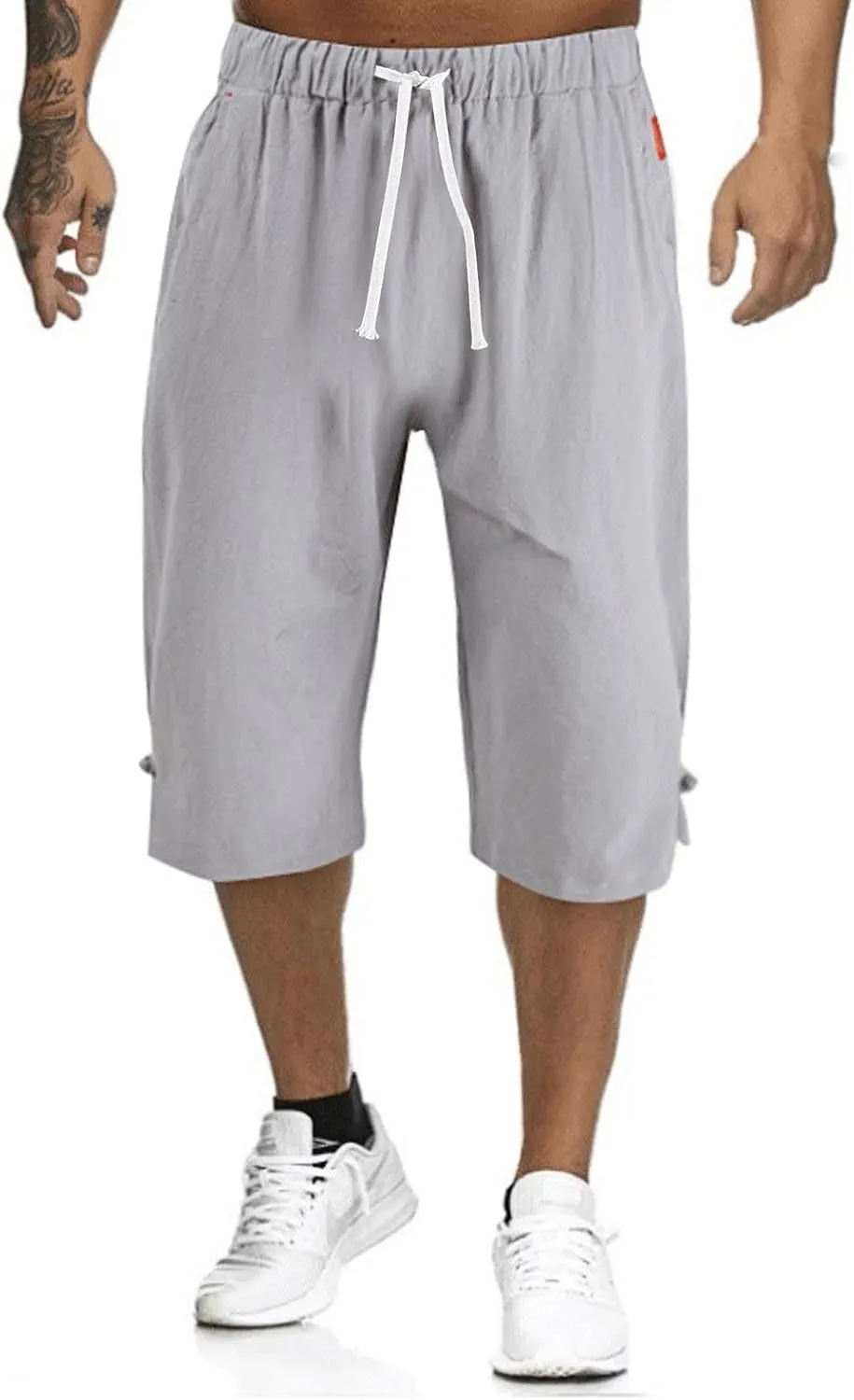 Mens Cargo Capris Pants Men's 3/4 Length Trousers Joggers Cotton Linen Cropped Sweatpants Drawstring Leggings