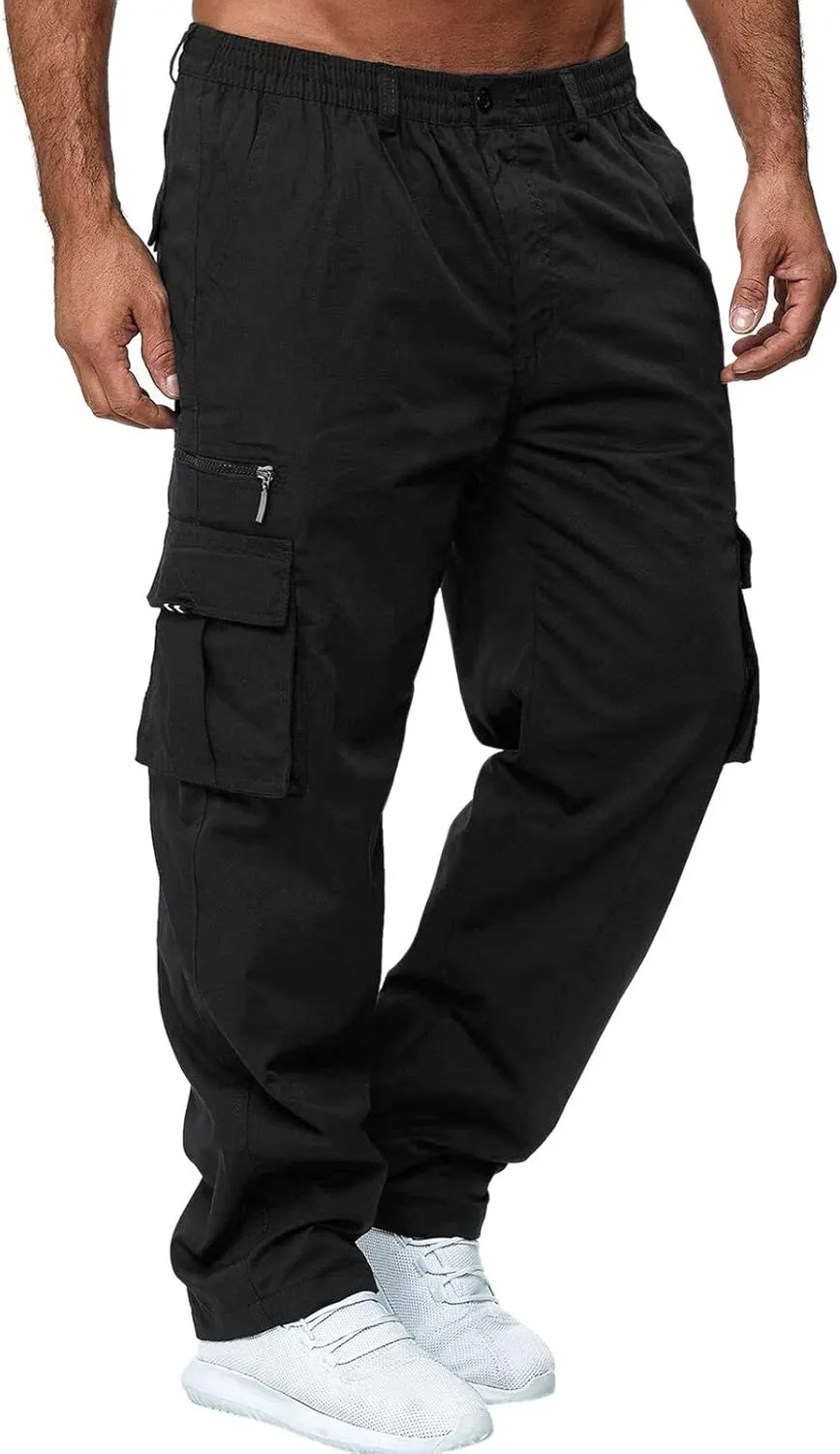 Mens Cargo Pants, Fleece Casual Cotton Jogger Multi Pockets Outdoor Sports Hiking Work Sweatpants, Capris Pants for Men