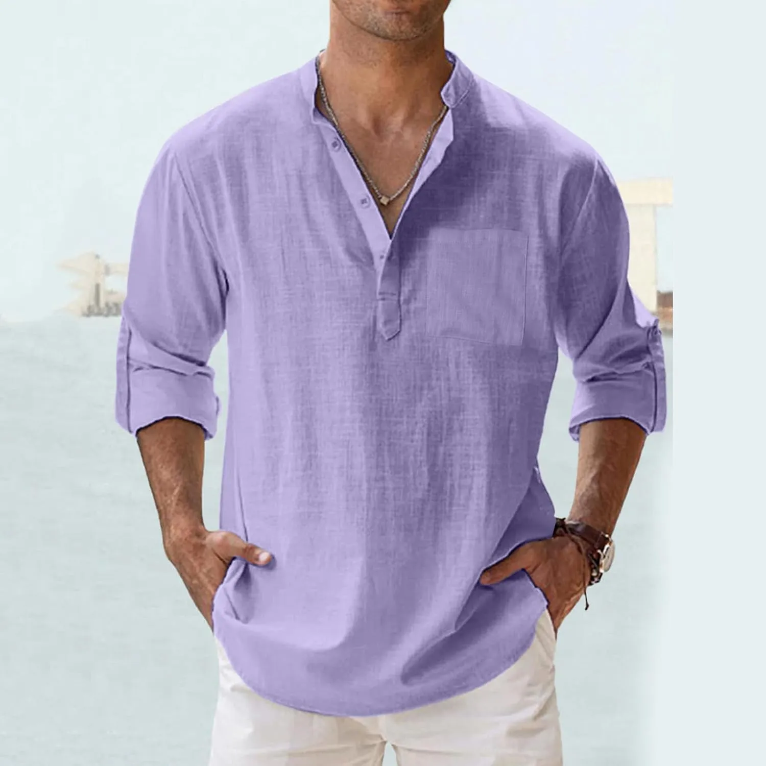 Men's Casual Button Down Shirts Long Sleeve Linen Shirt Fashion Beach Summer Shirt Solid Short Sleeve Summer Beach Shirts