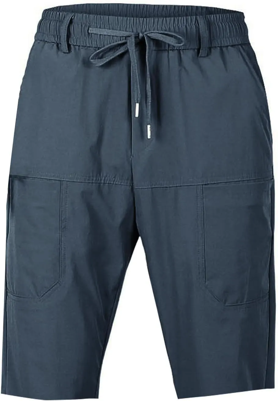 Mens Casual Fashion Capri Pants Summer Hip-Hop Solid Color Drawstring Waisted Running Sport Sweatpants with Pockets
