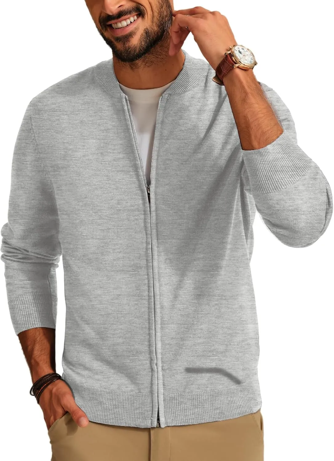 Men's Casual Full Zip Cardigan Sweater Slim Fit Stand Collar Sweater Jacket