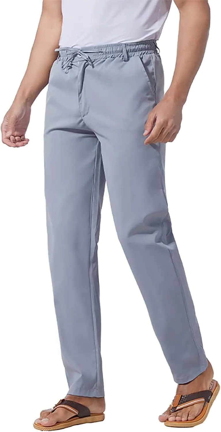 Men's Casual Linen Pants Drawstring Stretchy Yoga Trousers Solid Color Straight Leg Trousers Simple Pajama Pants