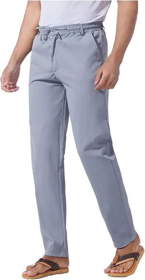 Men's Casual Linen Pants Drawstring Stretchy Yoga Trousers Solid Color Straight Leg Trousers Simple Pajama Pants