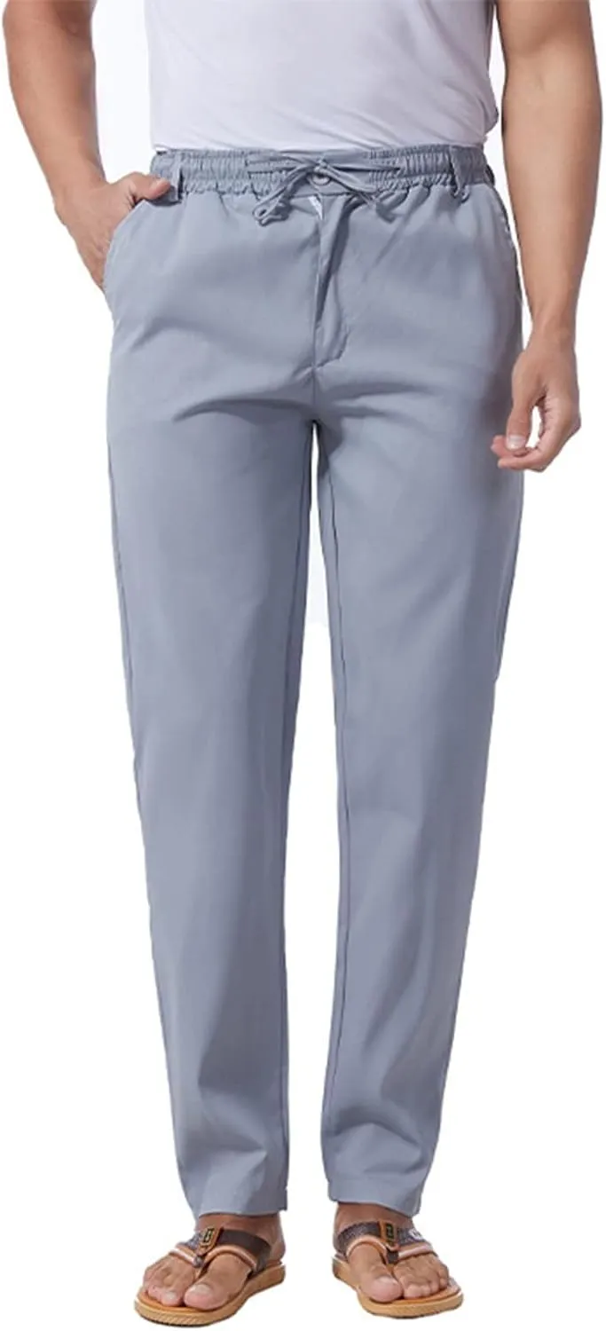 Men's Casual Linen Pants Drawstring Stretchy Yoga Trousers Solid Color Straight Leg Trousers Simple Pajama Pants