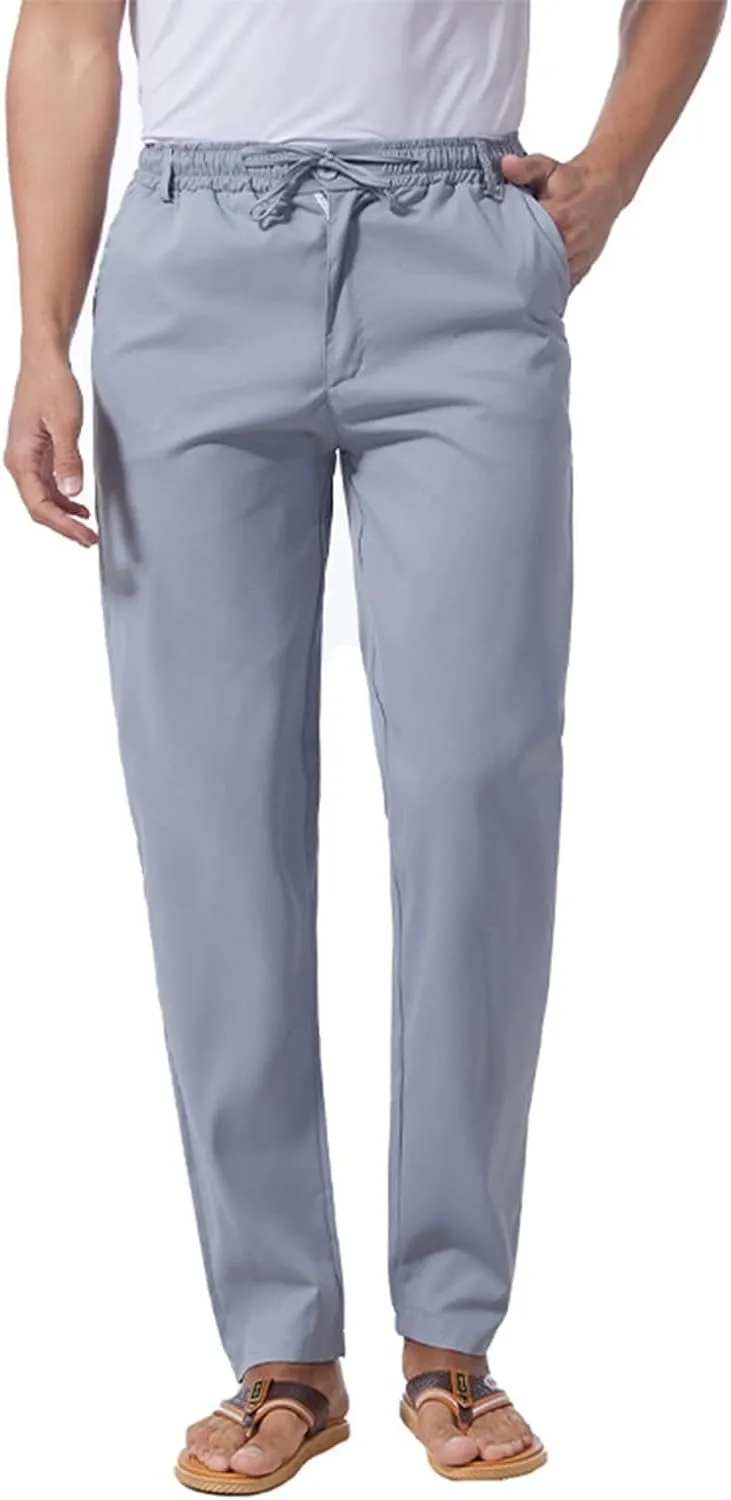 Men's Casual Linen Pants Drawstring Stretchy Yoga Trousers Solid Color Straight Leg Trousers Simple Pajama Pants