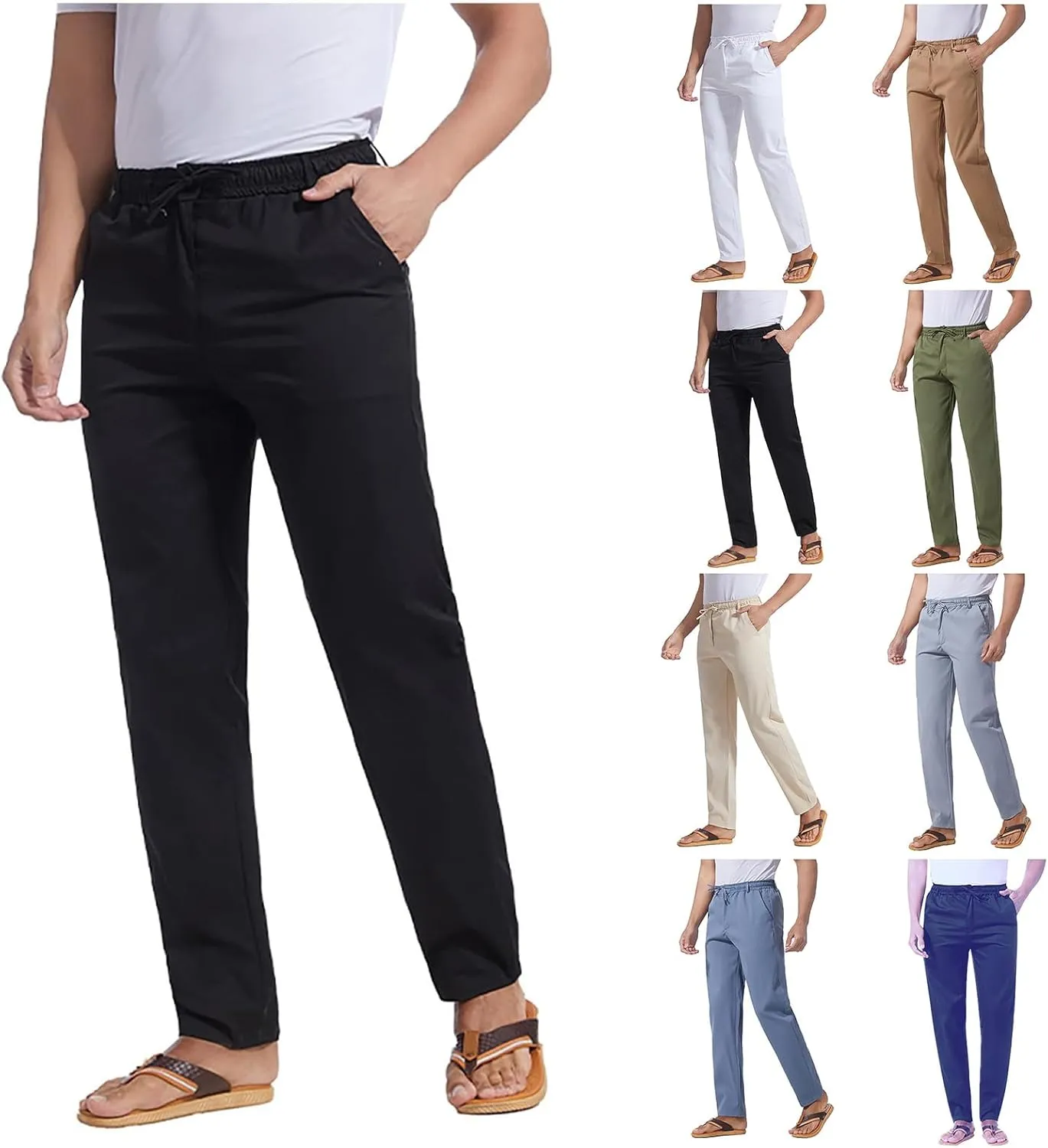 Men's Casual Linen Pants Drawstring Stretchy Yoga Trousers Solid Color Straight Leg Trousers Simple Pajama Pants