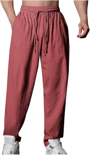 Mens Casual Pants Regular Fit Drawstring Straight-Legs Basic Linen Trousers Trendy Breathable Summer Workout Clothes