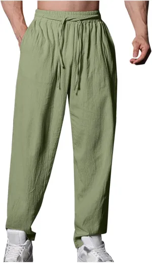 Mens Casual Pants Regular Fit Drawstring Straight-Legs Basic Linen Trousers Trendy Breathable Summer Workout Clothes