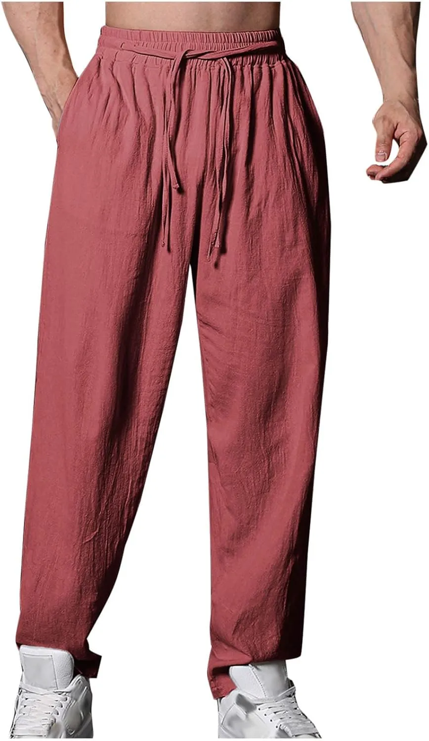 Mens Casual Pants Regular Fit Drawstring Straight-Legs Basic Linen Trousers Trendy Breathable Summer Workout Clothes