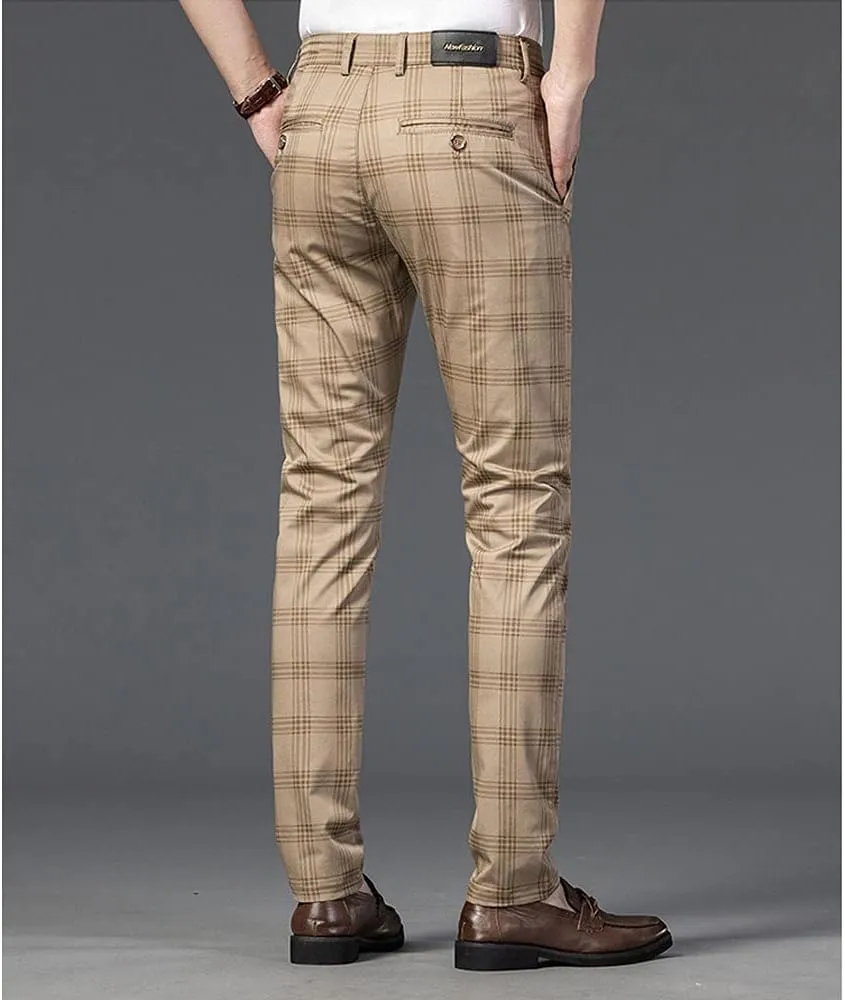 Mens Casual Plaid Pants Fashion Retro Tapered Stretch Slim Fit Business Dress Chino Pants