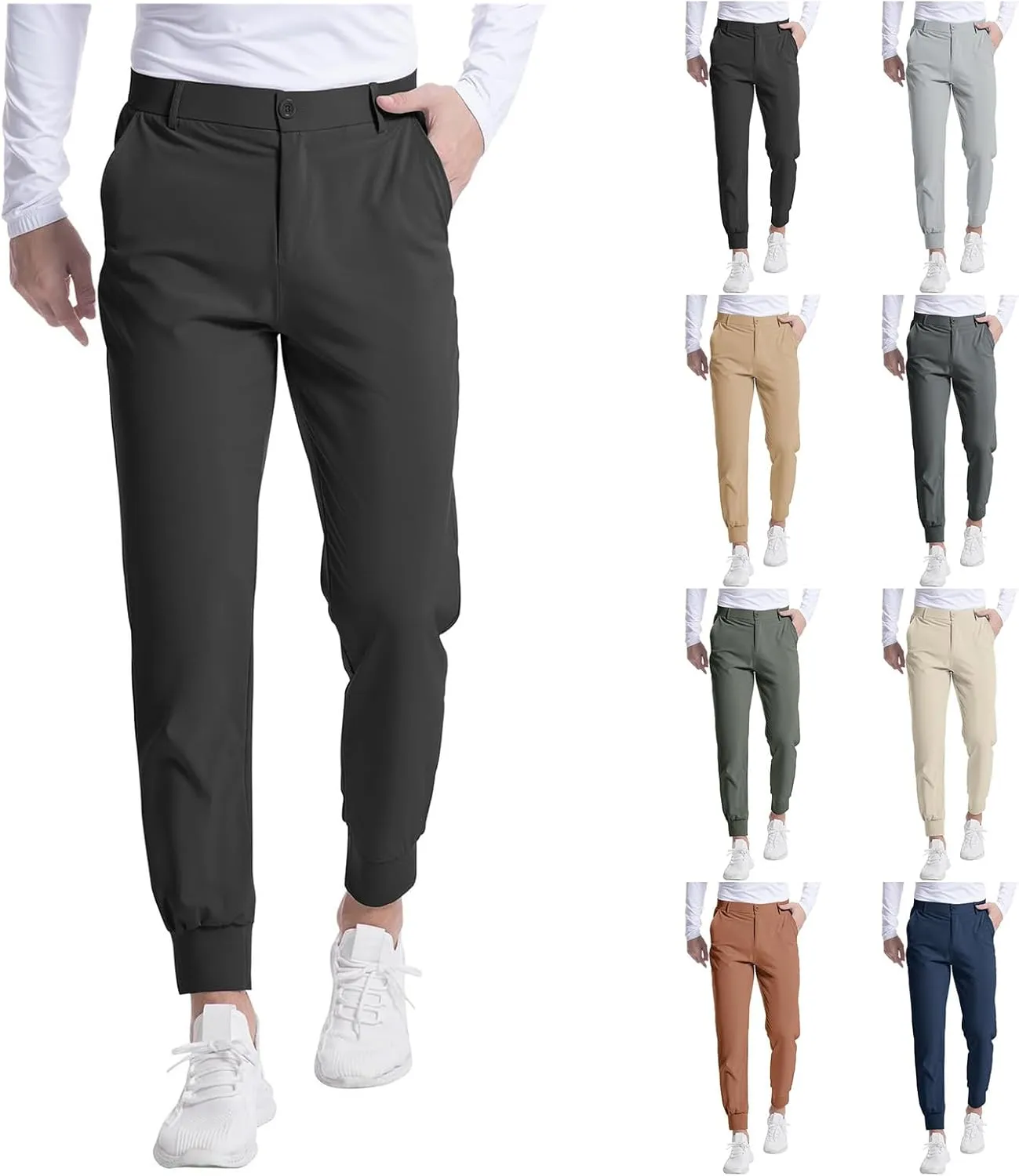 Men's Casual Tapered Pants Solid Flat Front Trousers Stretchy Golf Track Pants Slim Fit Jogging Trousers with Pockets